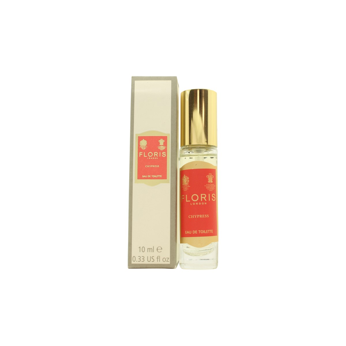 Floris Chypress Eau de Toilette 10 ml fra Floris, klar glasflaske med gylden kork og hvid etiket i klassisk design