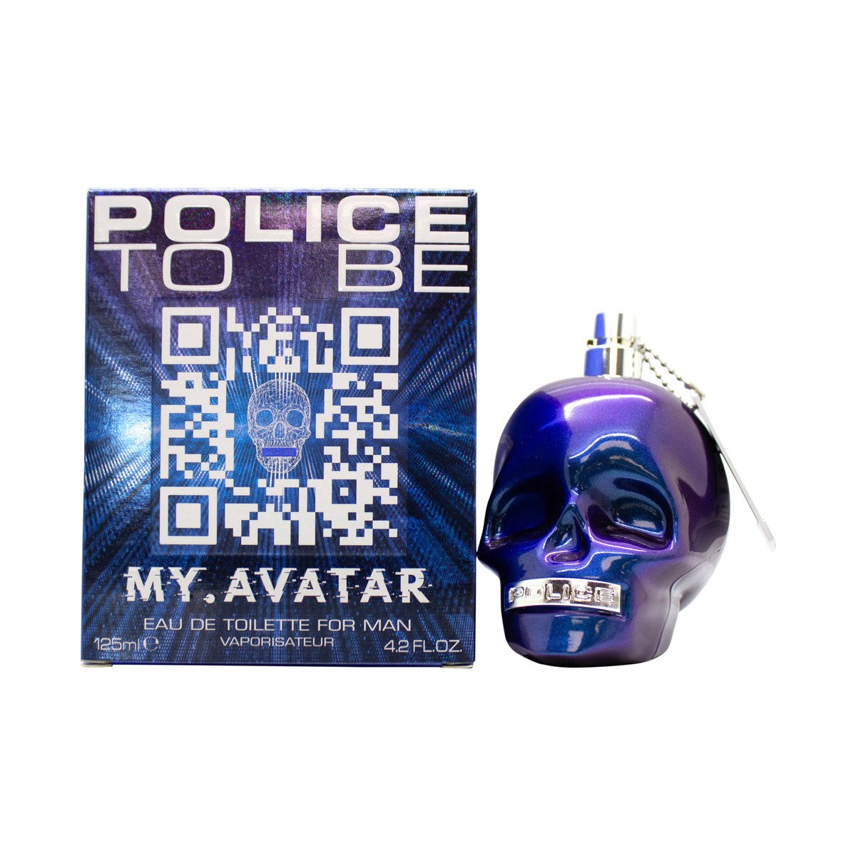 Police To Be My Avatar For Man Eau De Toilette, Police, 125 ml – blå kranieformet flakon med transparent finish og moderne