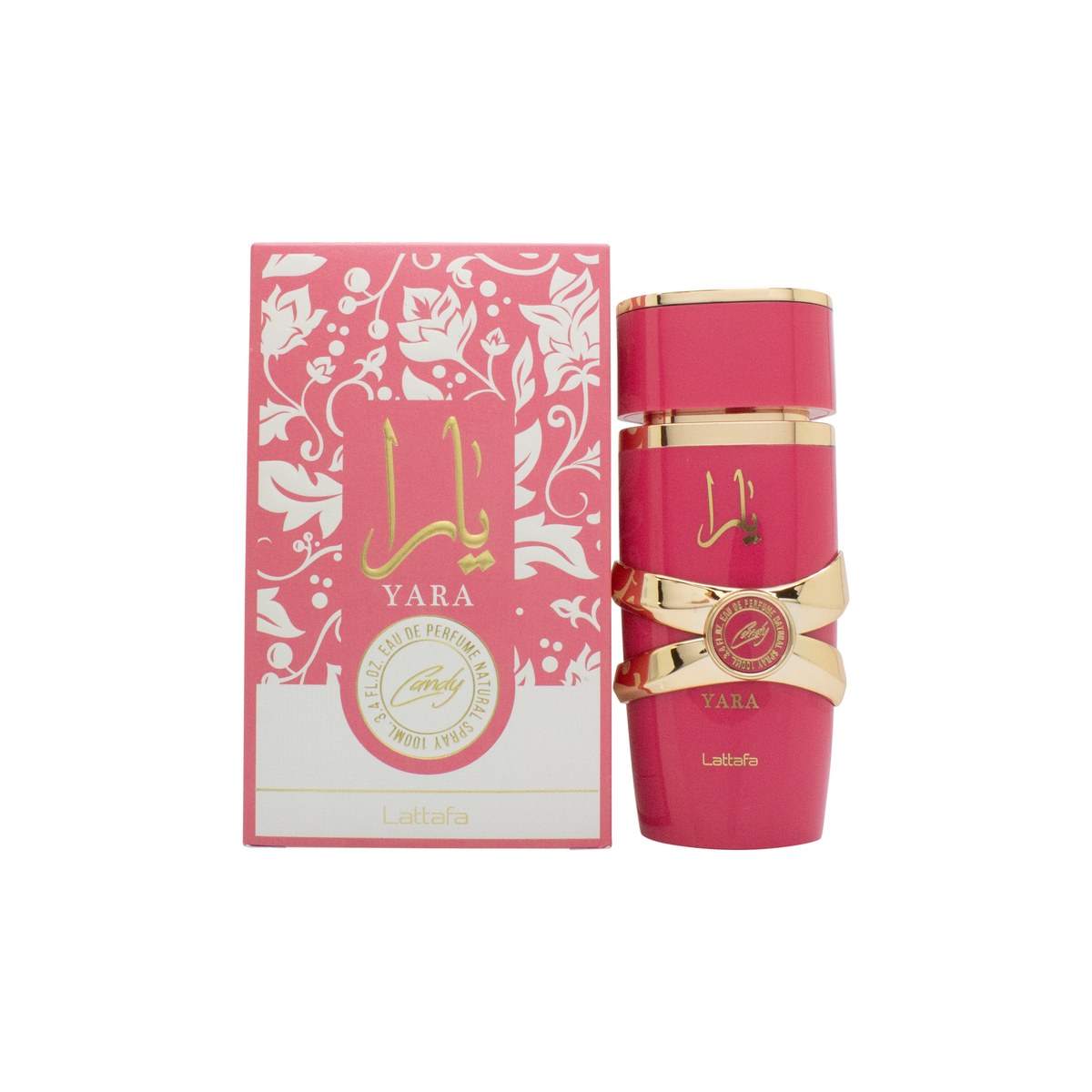 Lattafa Yara Candy Eau de Parfum 100 ml, firkantet lyserød flakon med guldkant og matchende låg