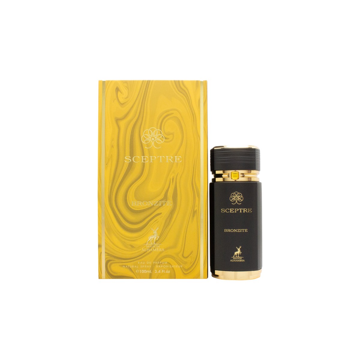 Maison Alhambra Sceptre Bronzite Eau de Parfum 100 ml, mørk bronzefarvet flakon med guldkant og kantet låg.
