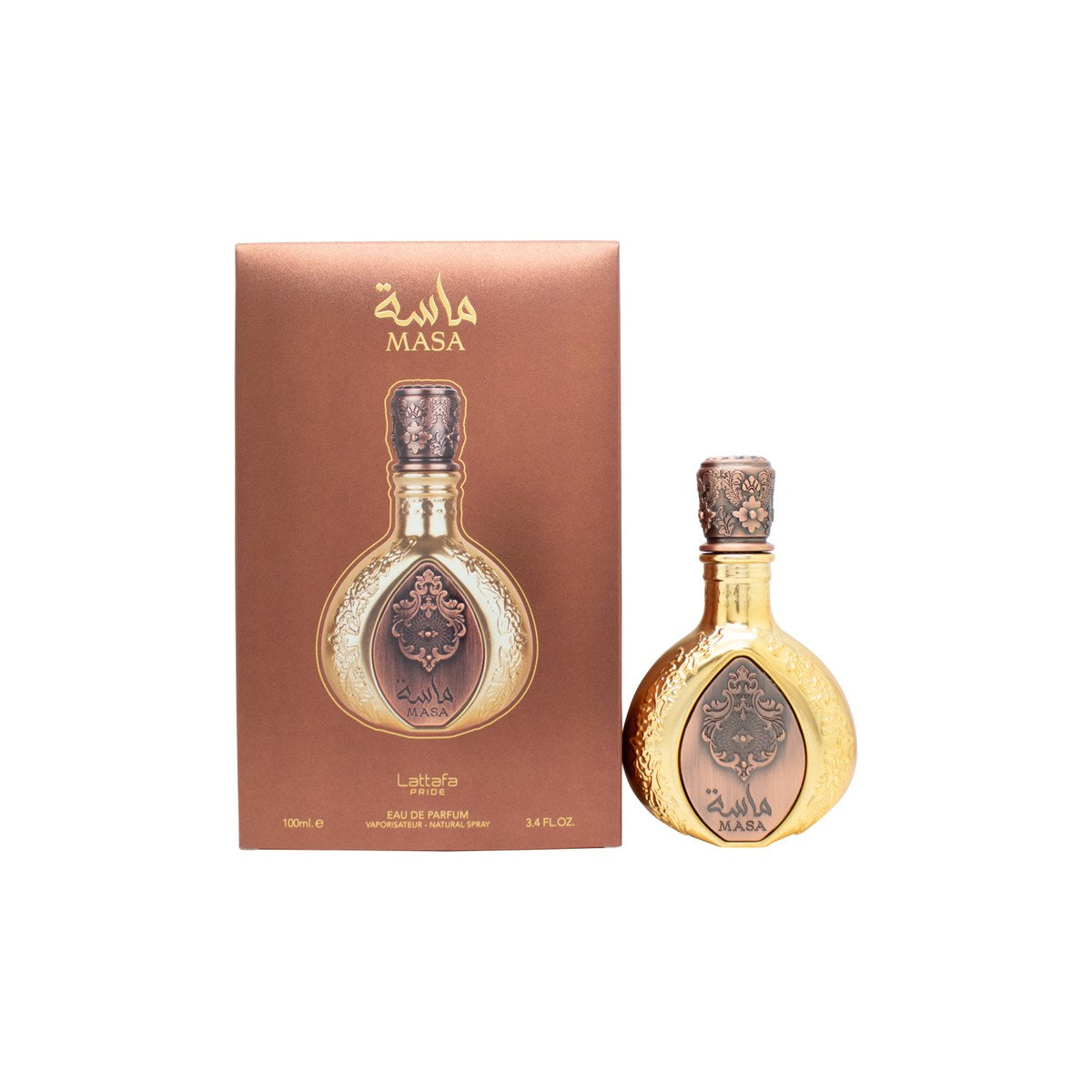Lattafa Masa Eau de Parfum 100 ml fra Lattafa i gylden, rektangulær flakon med sort kork og elegant etiket.