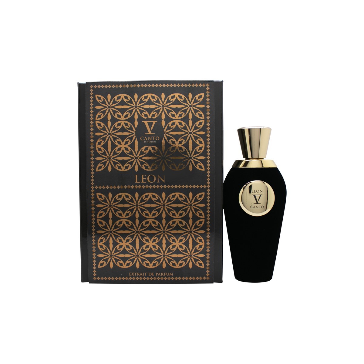 V Canto Leon Extrait de Parfum 100 ml fra V Canto i mørkeblå glasflakon med gyldent låg og klassisk, kantet design