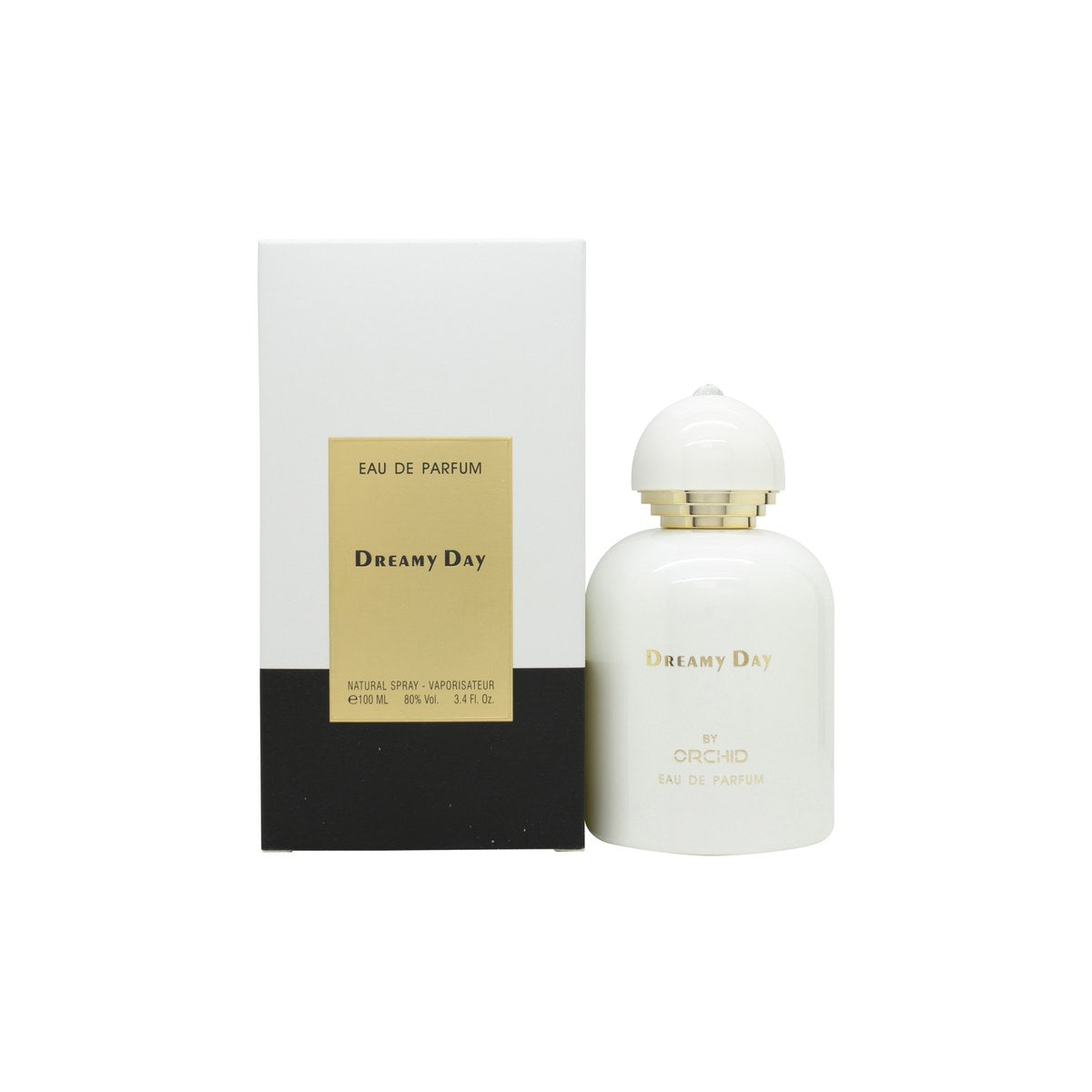 Orchid Dreamy Day Eau De Parfum 100 ml fra Orchid – klar glasflakon med lys rosa duft og guldfarvet låg