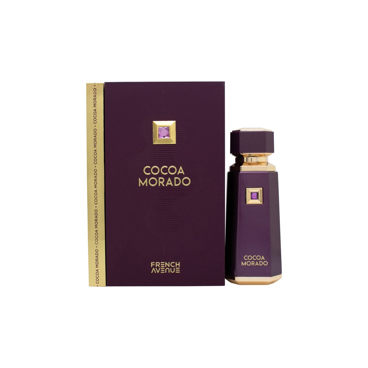 French Avenue Cocoa Morado Eau de Parfum 100ml – mørklilla glasflakon med gulddetaljer og firkantet låg