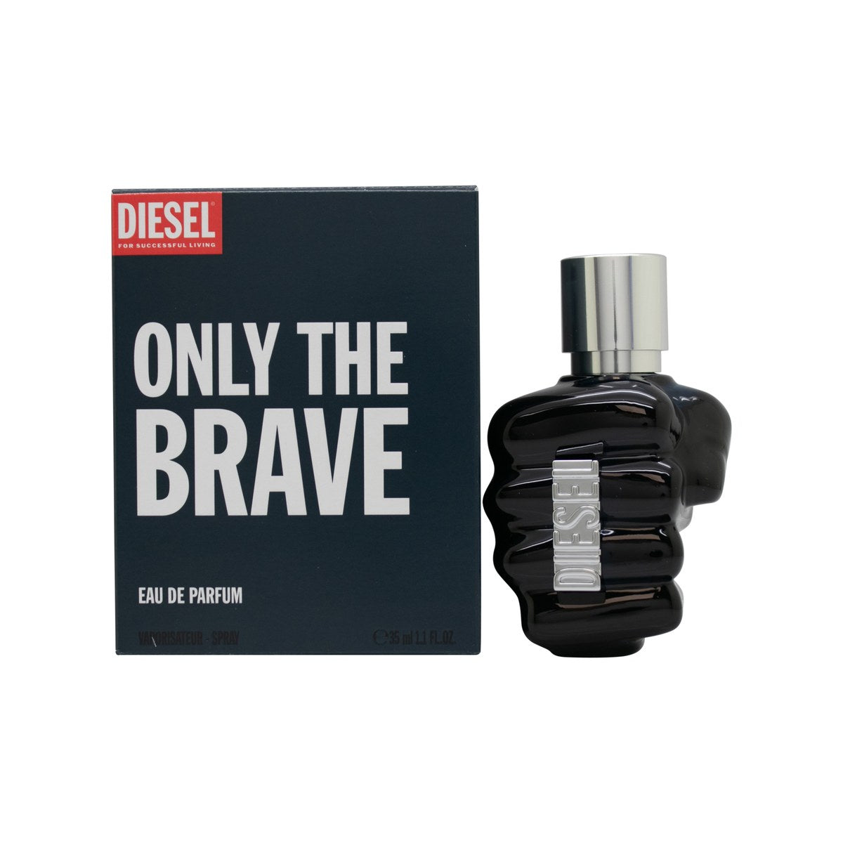 Diesel Only the Brave Eau de Parfum 35 ml fra Diesel – ikonisk knytnæveformet blå flakon i glas med sølvdetaljer.
