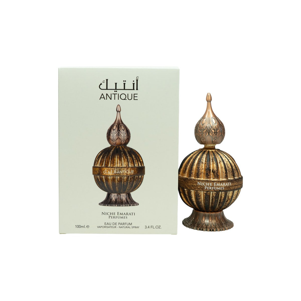 Lattafa Niche Emarati Antique Eau de Parfum 100 ml fra Lattafa i mørk ravfarvet flakon med gulddetaljer og ornamenteret låg