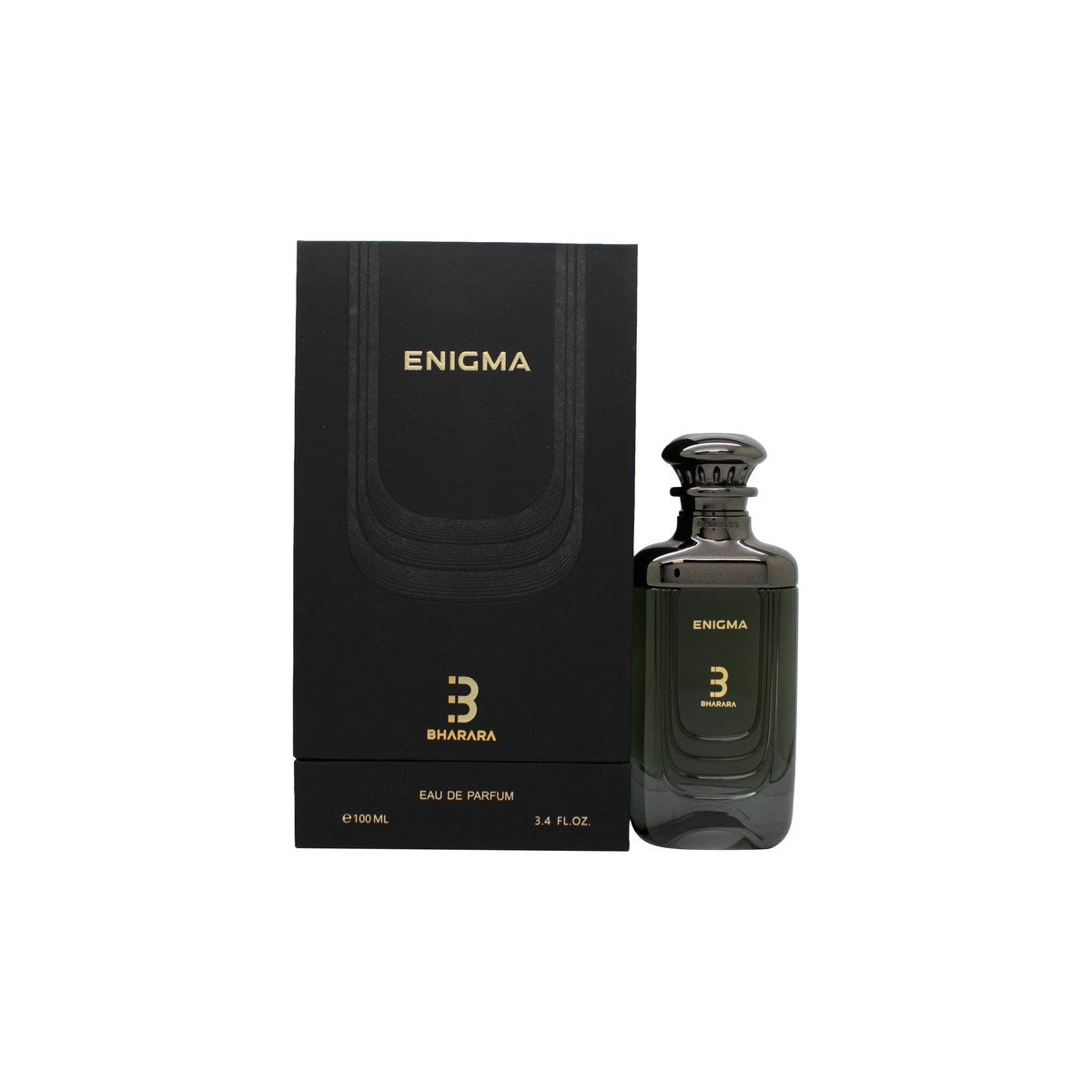 Bharara Enigma Eau de Parfum 100 ml fra Bharara Beauty – sort glasflakon med guldlåg og enkelt logo