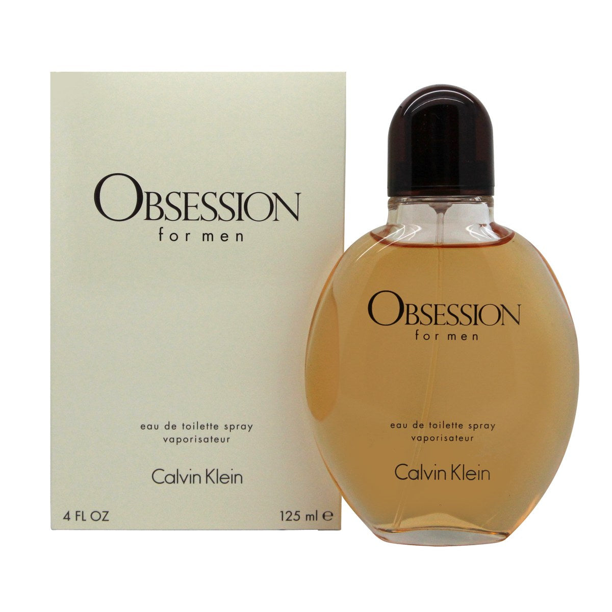 Obsession For Men Eau De Toilette Calvin Klein 125 ml, rund ravfarvet glasflaske med sort låg og minimalistisk etiket