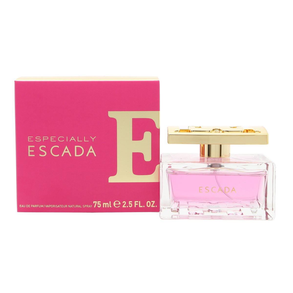 Especially Escada Eau De Parfum, Escada 75 ml – klar rosa flakon i tykt glas med rene linjer og stor gylden hætte med logo