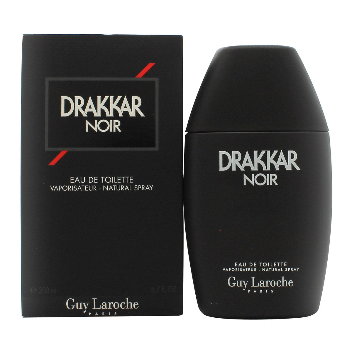 Guy Laroche Drakkar Noir Eau de Toilette 200 ml – sort, firkantet glasflaske med kantet form, sort låg og hvid logotekst