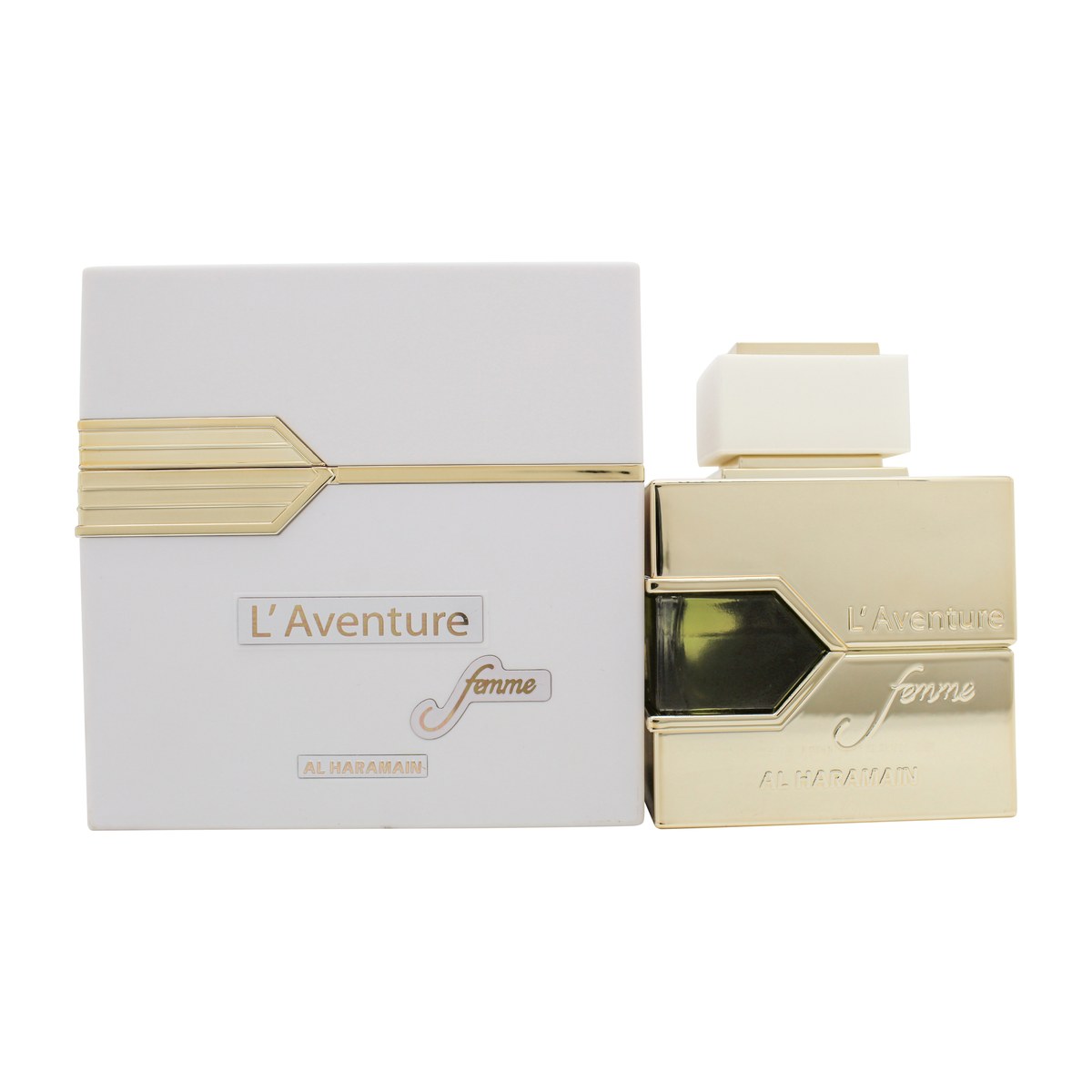 L'Aventure Femme Eau De Parfum Al Haramain 100 ml, klar glasflakon med blød rosa væske, firkantet form og metallisk låg