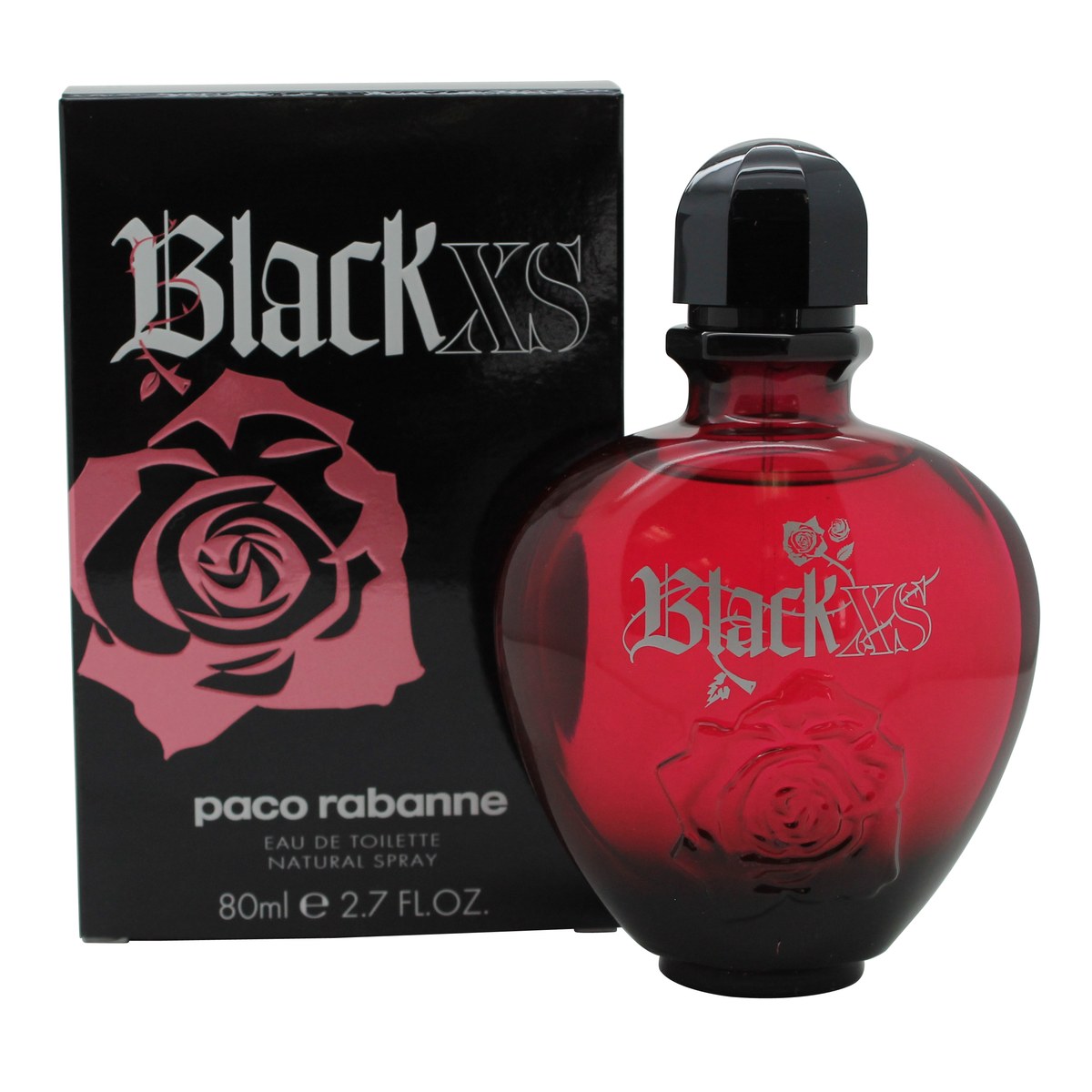 Paco Rabanne Black XS Eau de Toilette 80 ml, sort og rød flakon med rund form og grafisk typografi