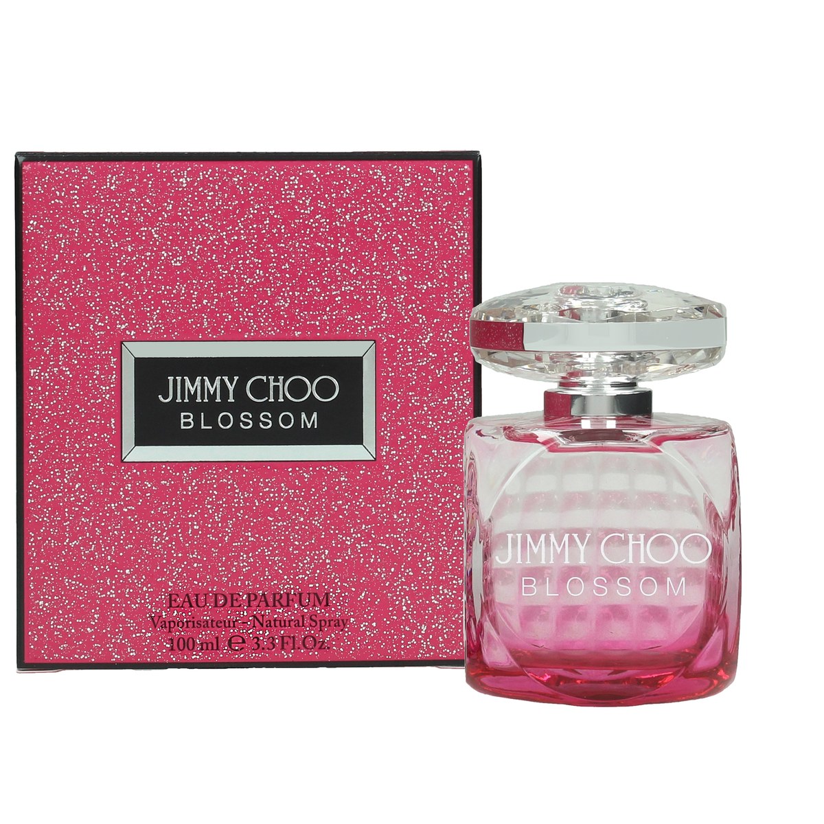 Blossom Eau De Parfum Jimmy Choo 100 ml i fuchsia-rosa glasflaske med facetslebet, diamantformet låg og elegant design