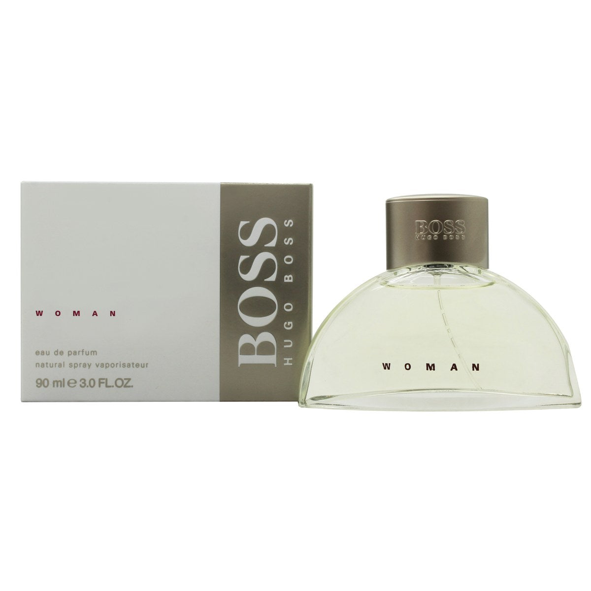 Hugo Boss Boss Woman Eau de Parfum 90 ml fra Hugo Boss i klar glasflaske med lyserød væske og sølvfarvet låg