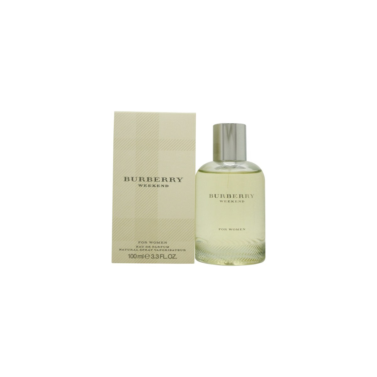 Burberry Weekend For Women Eau De Parfum 100 ml, oval glasflaske med lys ferskenfarvet duft og sølvfarvet låg