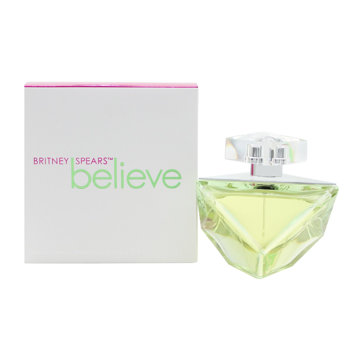 Britney Spears Believe Eau De Parfum 100 ml, klar glasflaske med grønlig tone i tetraederform og signeret låg