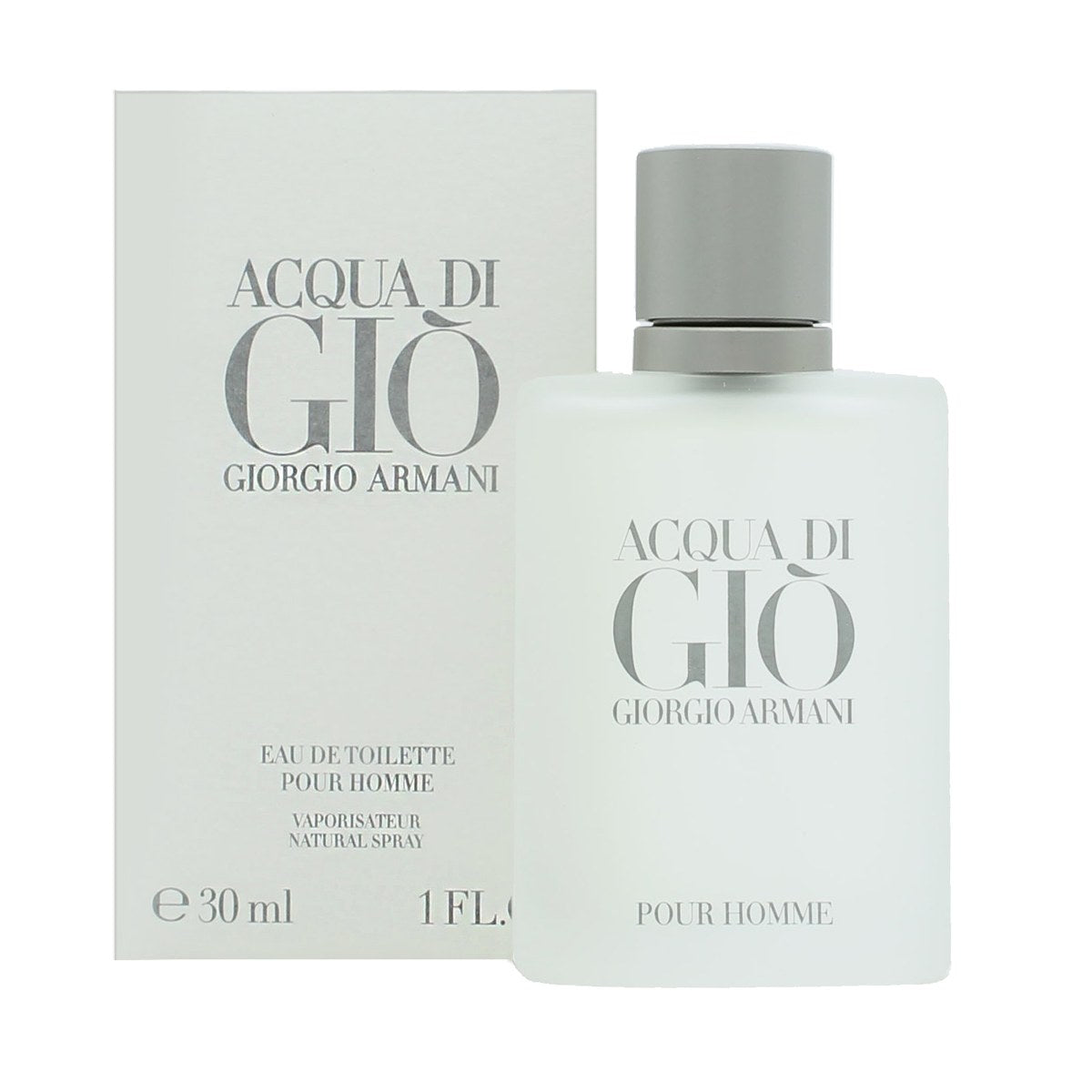 Giorgio Armani Acqua Di Gio Eau De Toilette 30 ml flakon i frostet glas med sølvgrå kork og minimalistisk design.