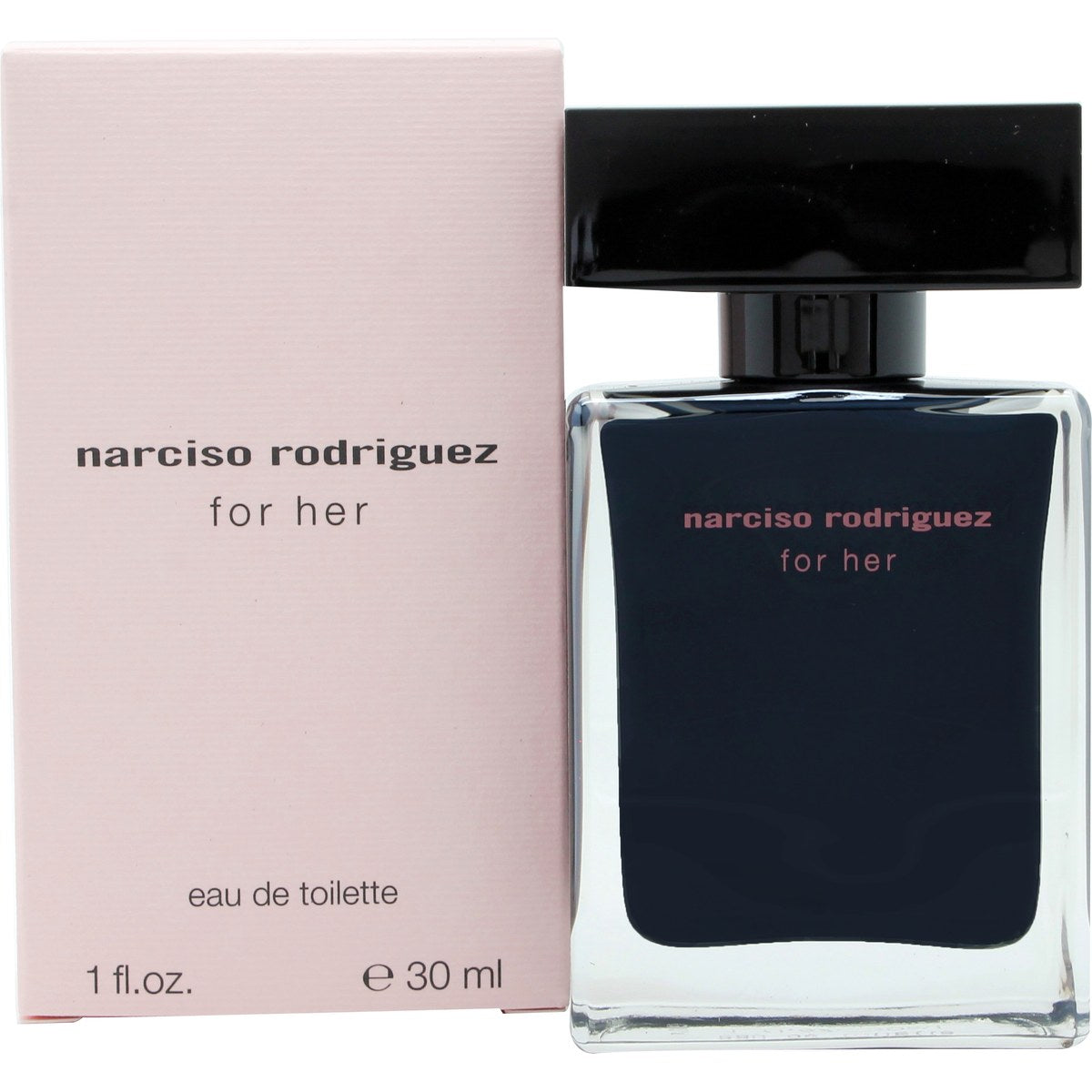 For Her Eau De Toilette Narciso Rodriguez 30 ml, minimalistisk glasflakon med sort indre, rektangulær form og lyserød æske
