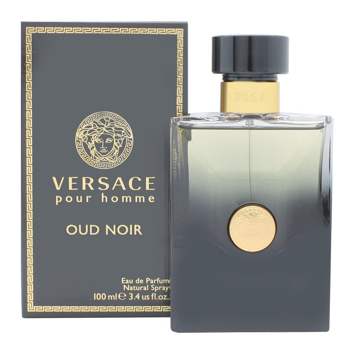 Versace Oud Noir Eau de Parfum 100 ml fra Versace, sort rektangulær glasflakon med gulddetaljer og Medusa-emblem