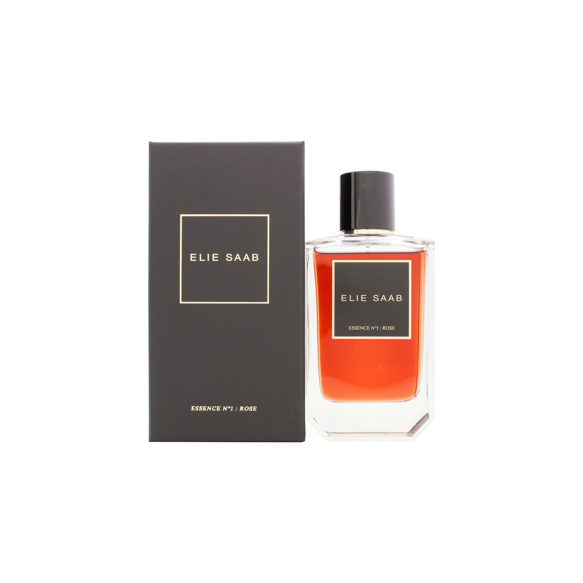 Elie Saab Essence No. 1 Rose Eau de Parfum 100 ml – klar, rektangulær glasflaske med sart rosatonet duft og sort firkantet låg