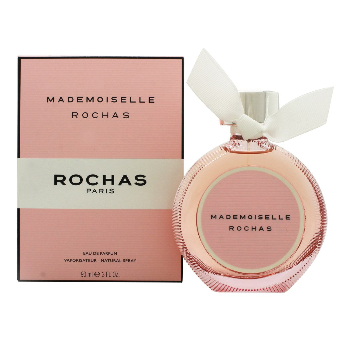 Mademoiselle Rochas Eau De Parfum, Rochas, 90 ml – klar glasflakon med lyserød duft, kantet form og stribet sløjfe