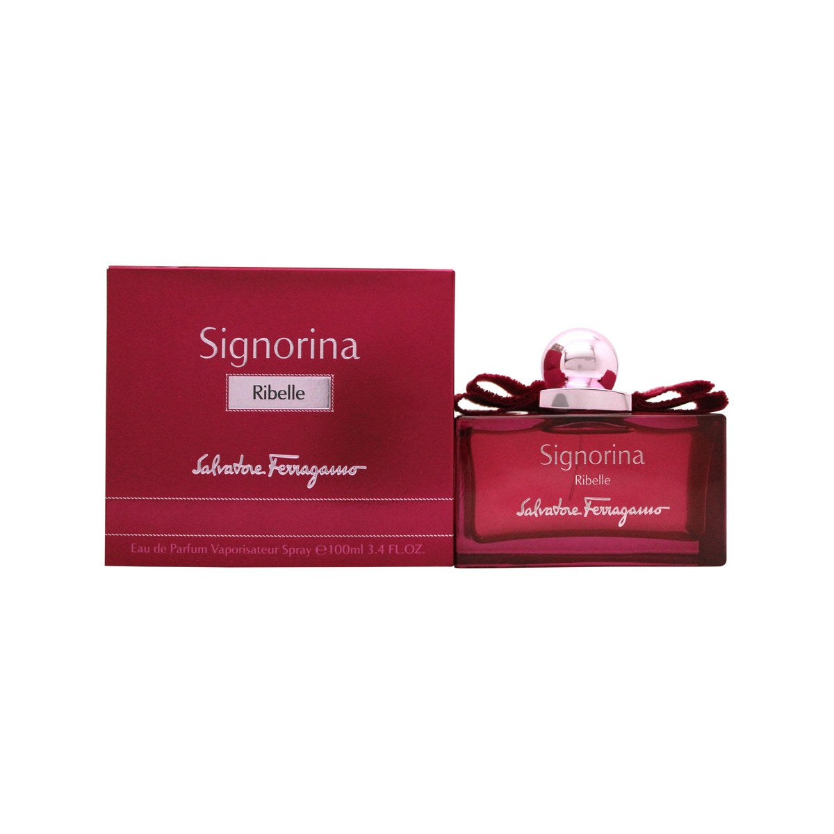 Signorina Ribelle Eau de Parfum, Salvatore Ferragamo, 100 ml i klar glasflakon med fuchsia pink farve og Vara-sløjfe