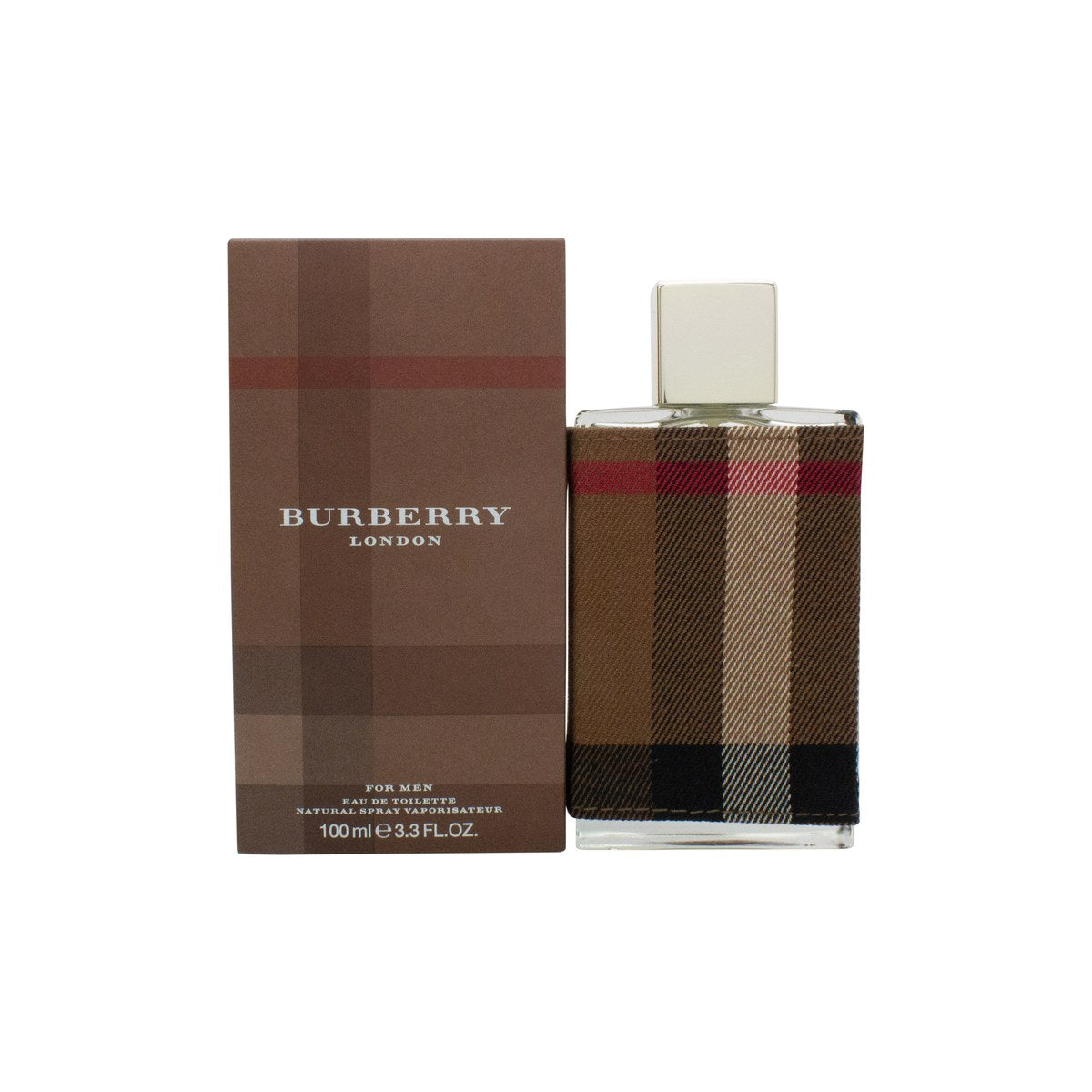 Burberry London For Men Eau De Toilette Burberry 100 ml rektangulær glasflaske med ternet stofbetræk og sort låg