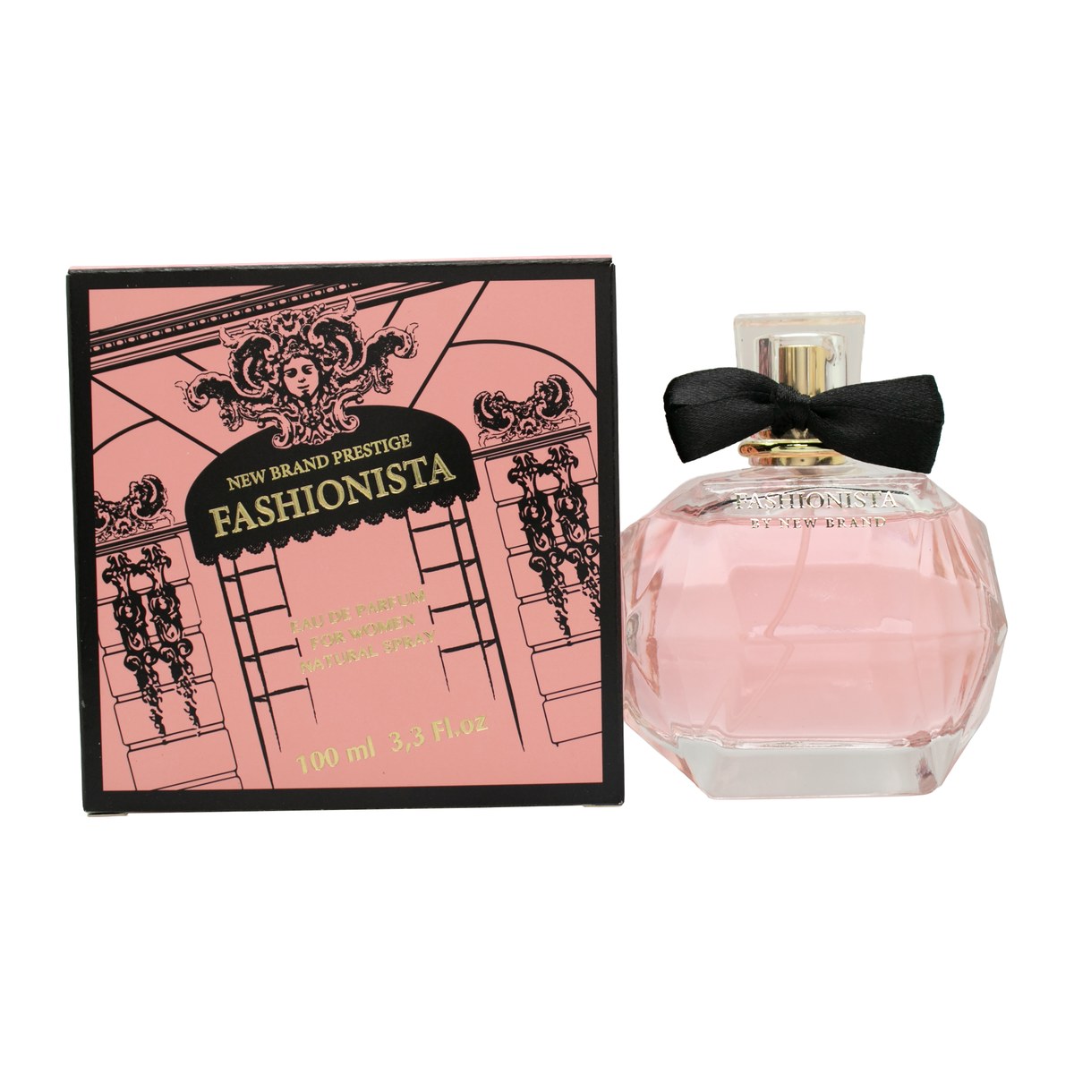 New Brand Prestige Fashionista For Women Eau de Parfum 100 ml fra New Brand rosa flakon med sort hætte og gulddetalje