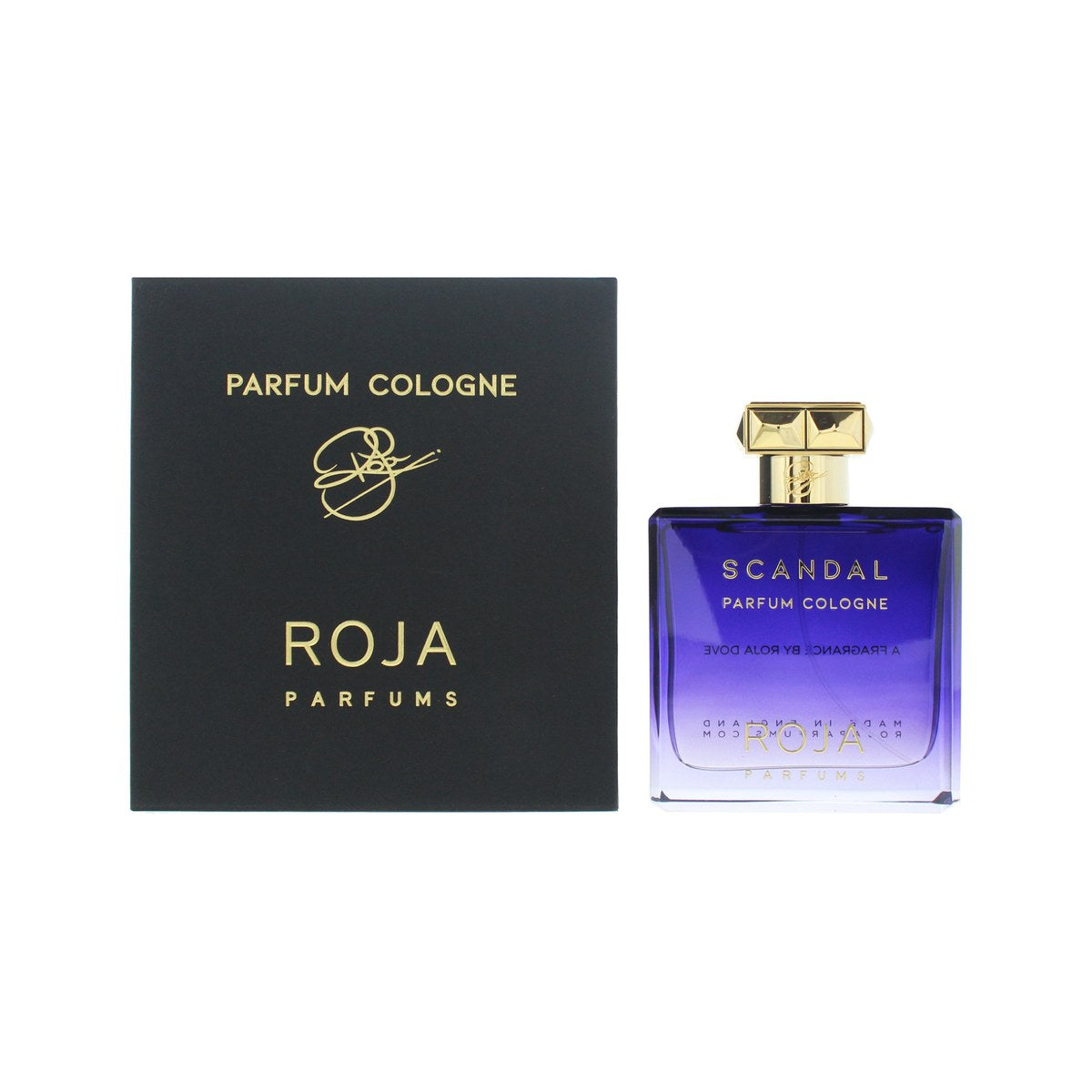 Roja Parfums Scandal Pour Homme Parfum Cologne 100 ml, klar rektangulær flakon med guldfarvet låg og frontplade