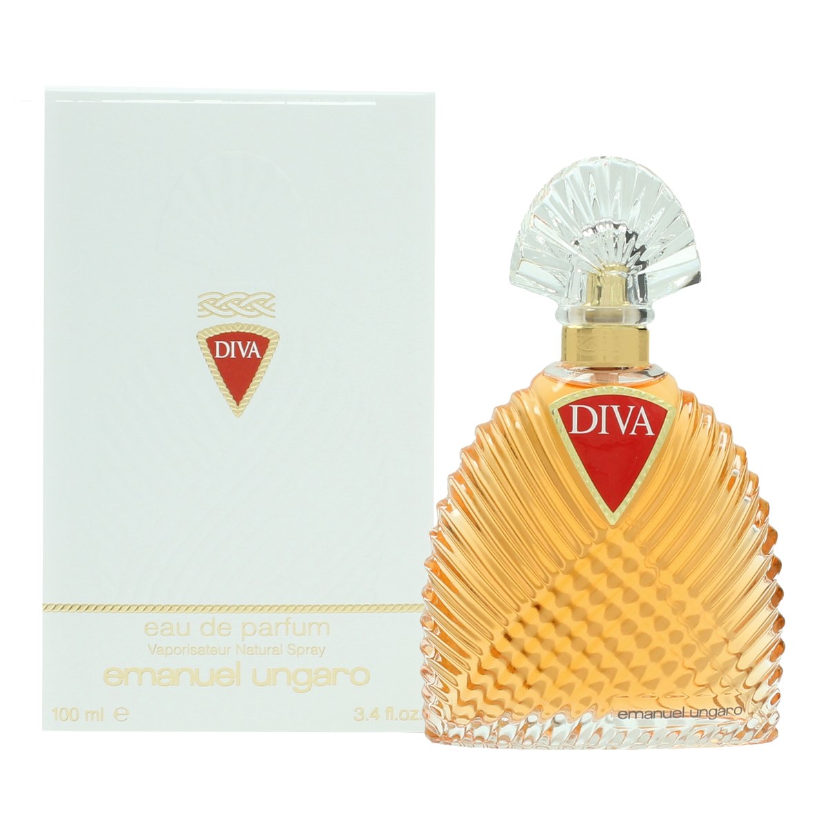 Emanuel Ungaro Diva Eau De Parfum Emanuel Ungaro 100 ml, høj slank flakon i dyb blå med skulpturelle kurver og gylden hætte