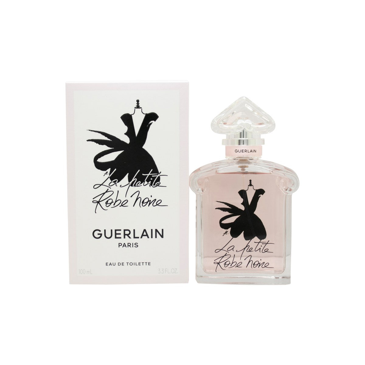 Guerlain La Petite Robe Noire Eau de Toilette 100 ml, firkantet glasflakon i lyserød med sort ombre og hjerteprop