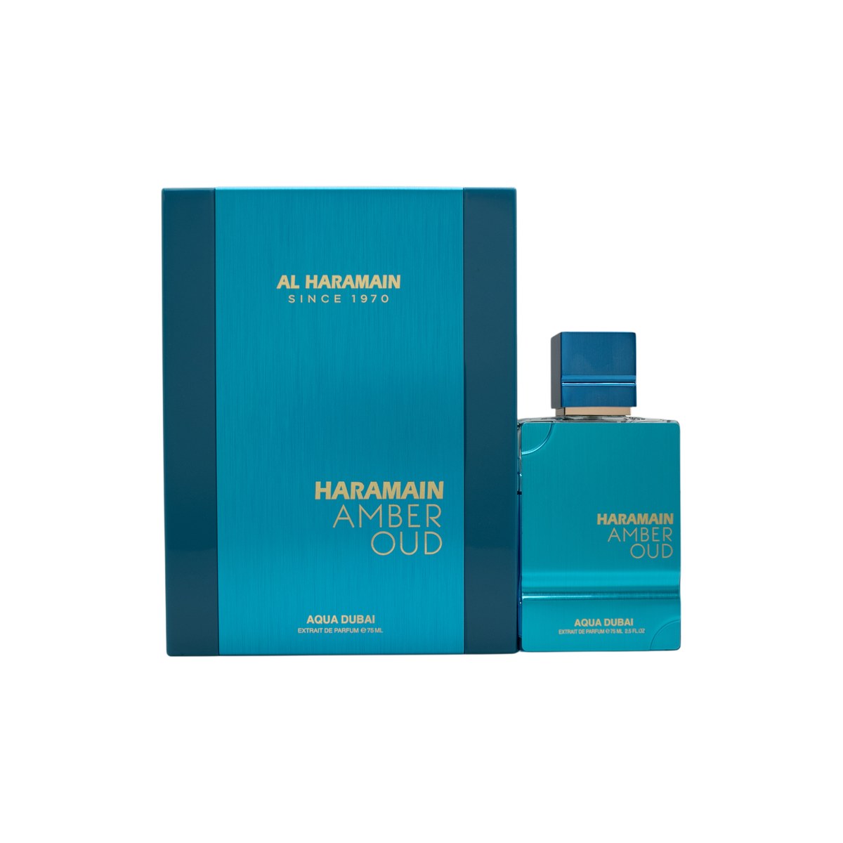 Al Haramain Amber Oud Aqua Dubai Extrait de Parfum 75 ml fra Al Haramain i turkis flakon med guldkork og kantet design