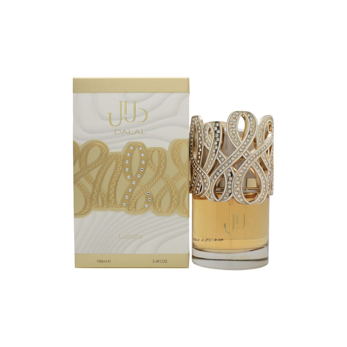 Lattafa Dalal Eau de Parfum 100ml, Lattafa 100 ml, gylden rektangulær flakon med sort kuppelformet låg og orientalsk mønster.