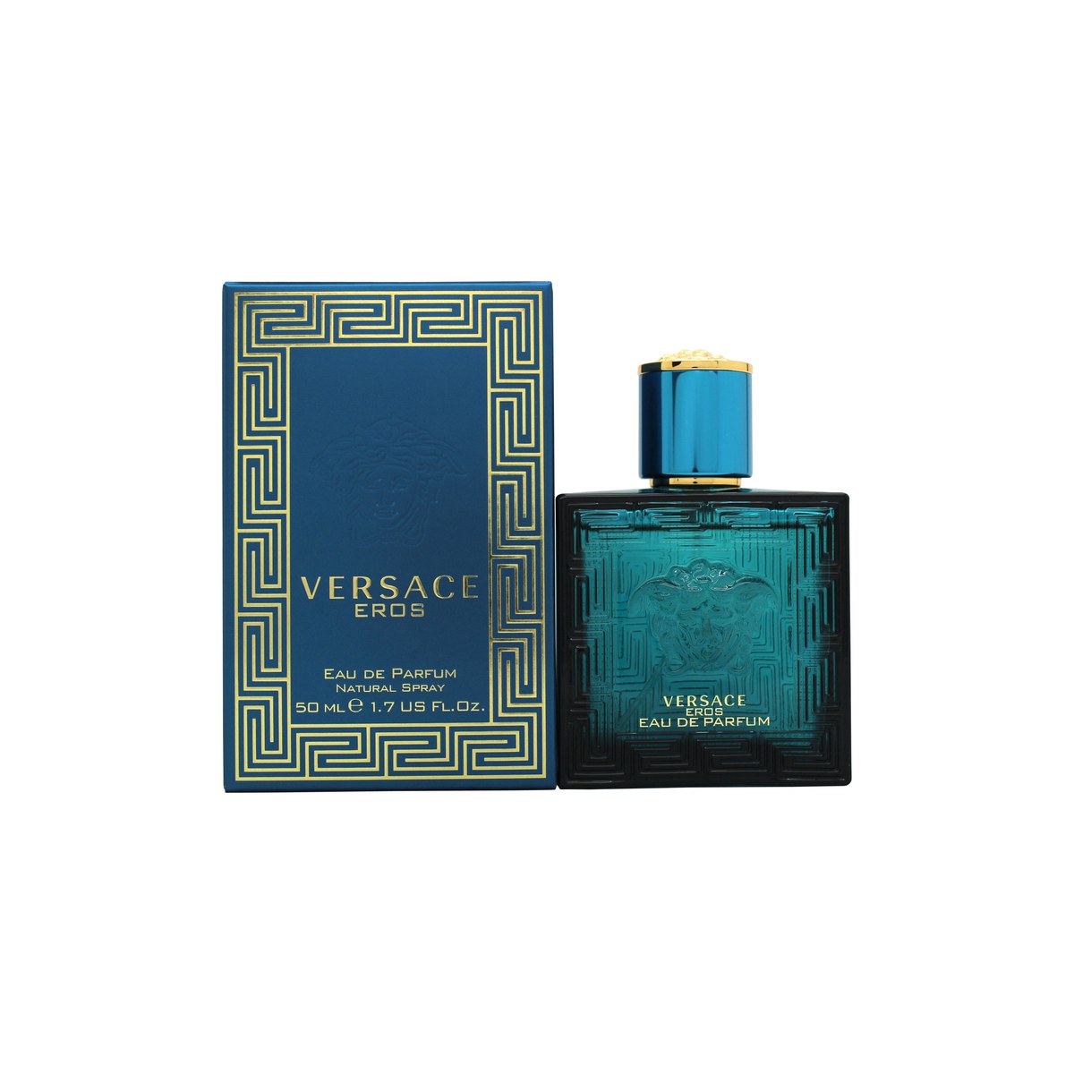 Versace Eros Eau De Parfum, Versace 50 ml, dybblå firkantet glasflaske med græsk kantmønster og Medusa-logo i front