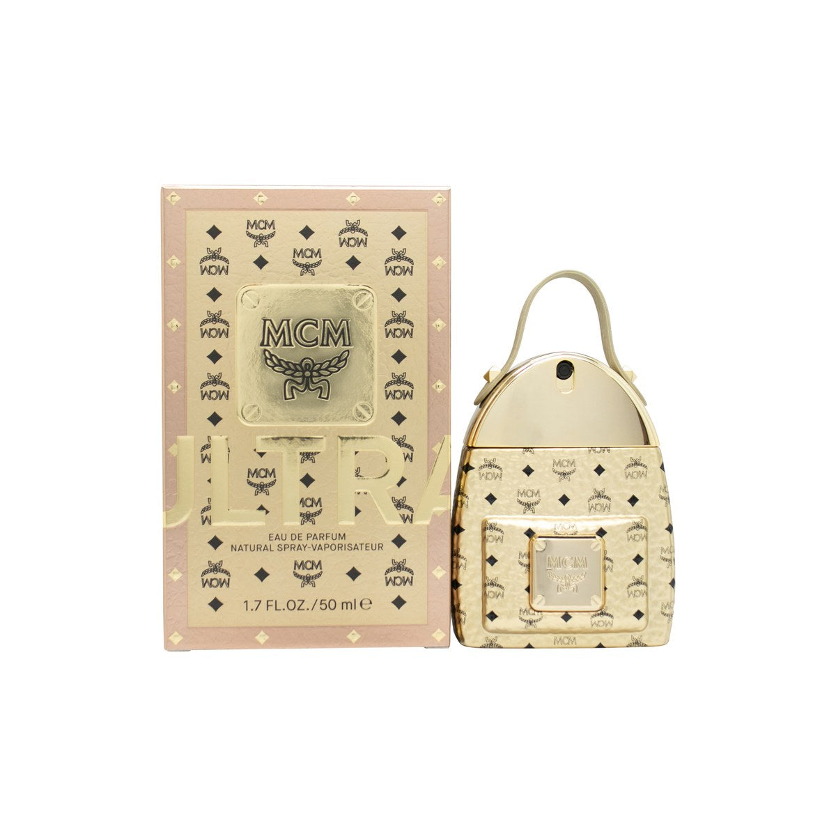 MCM Ultra Eau de Parfum 50 ml fra MCM, cylindrisk ravfarvet flakon med sort hætte og minimalistisk logo.