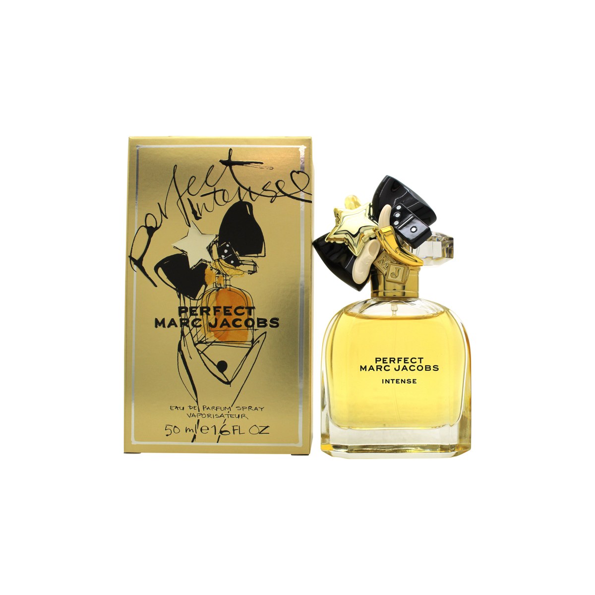 Perfect Intense Eau De Parfum Marc Jacobs 50 ml klar, rund flakon med gylden duft og dekorativ hætte med små charms