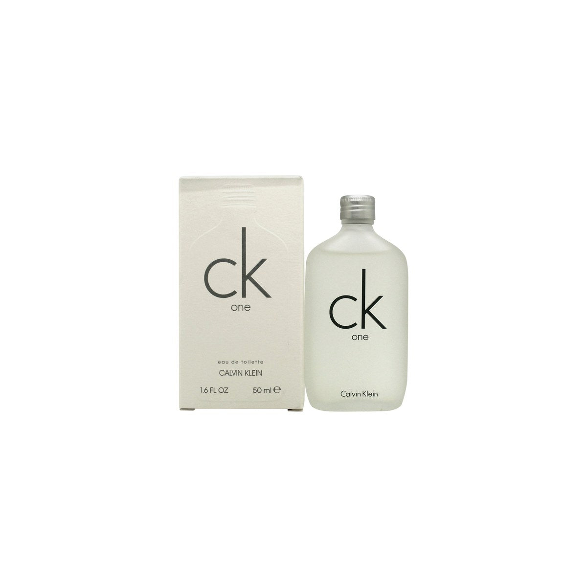 Ck One Eau De Toilette Calvin Klein 50 ml, enkel flaske i mat klart glas med sort kapsel og minimalistisk typografi