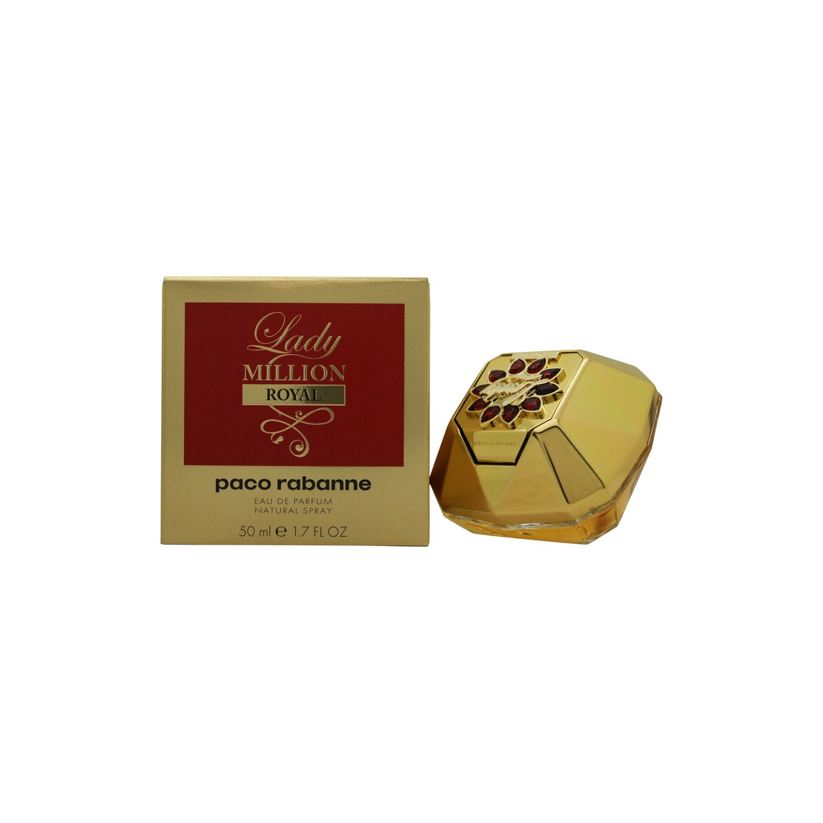 Lady Million Royal Eau De Parfum, Rabanne, 50 ml – diamantformet parfume flakon i klart glas med rød blomstermotiv
