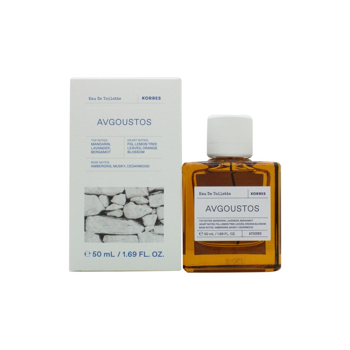 Korres Avgoustos Eau de Toilette 50 ml flaske i klart glas med sort cylindrisk låg og enkel hvid etiket