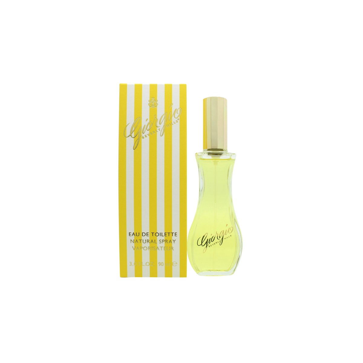 Giorgio Beverly Hills Giorgio Yellow Eau de Toilette 90ml, klar firkantet glasflaske med gul væske og sort låg.