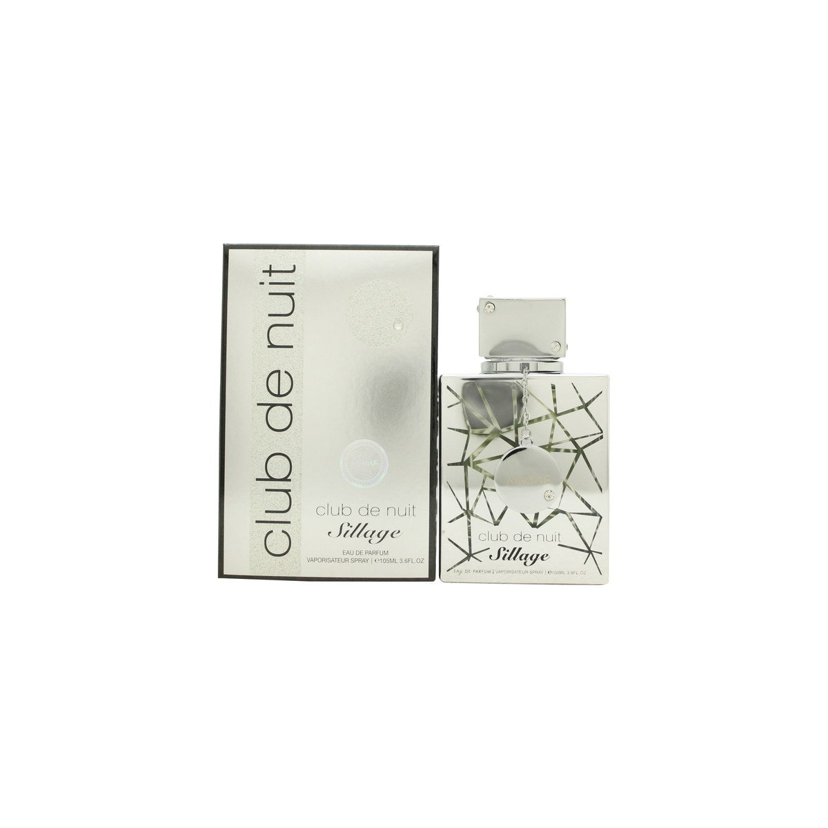 Club De Nuit Sillage Eau De Parfum Armaf 105 ml, sølvfarvet cylindrisk flaske med sort låg og graveret logo
