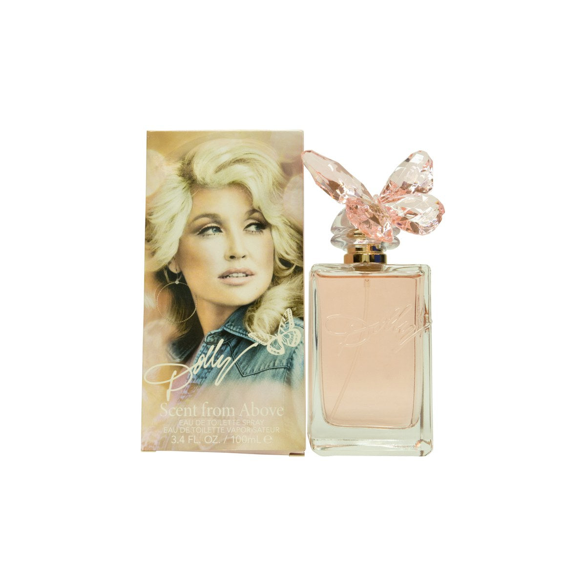 Dolly Parton Dolly: Scent From Above Eau de Toilette 100 ml –sommerfugleformet lyserød flakon med gulddetaljer og krystalprop