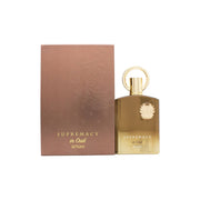 Supremacy In Oud Eau De Parfum, Afnan, 100 ml – firkantet sort flakon med gyldne detaljer og mørkt låg