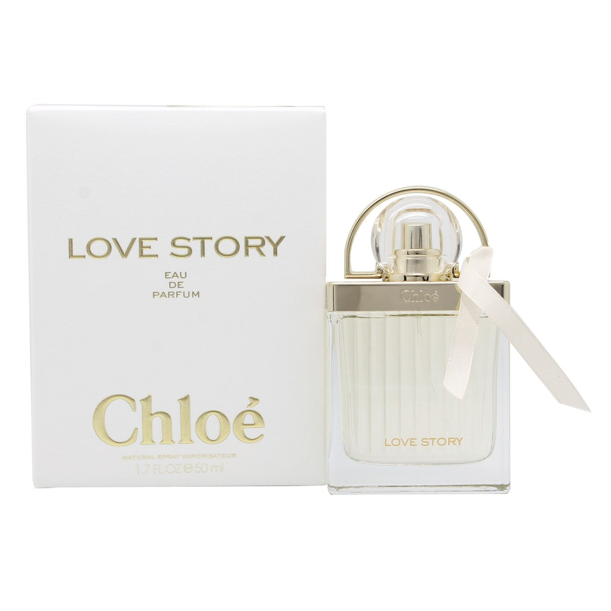 Love Story Eau De Parfum, Chloé, 50 ml – klar glasflakon formet som hængelås med lys rosa duft, sølv top og sløjfe