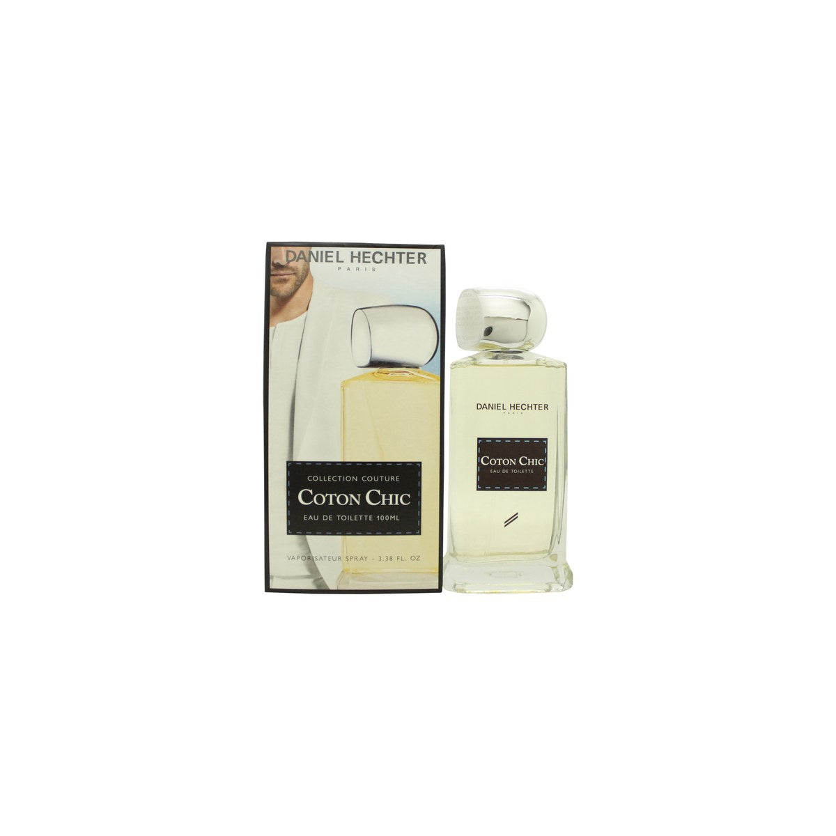 Daniel Hechter Coton Chic Eau de Toilette 100 ml – klar rektangulær glasflaske med lyseblå duft og sølvfarvet låg