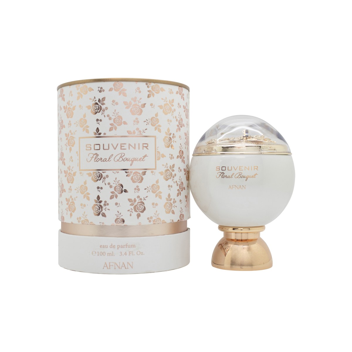 Souvenir Floral Bouquet Eau De Parfum, Afnan, 100 ml – lyserød kvadratisk glasflaske med floral struktur og gylden hætte