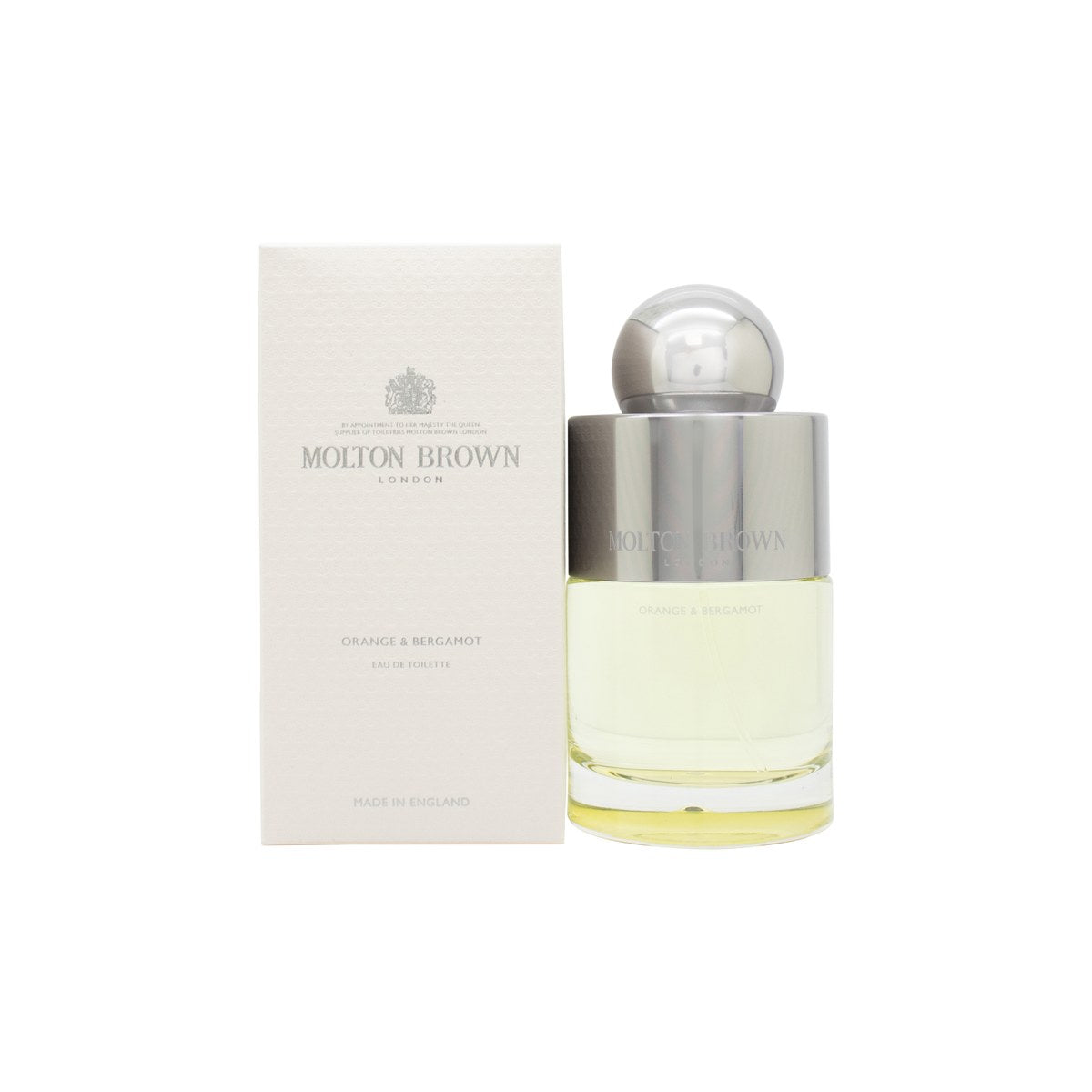 Molton Brown Orange & Bergamot Eau de Toilette 100 ml – klar rektangulær glasflaske med sølvfarvet låg og gylden citrusduft