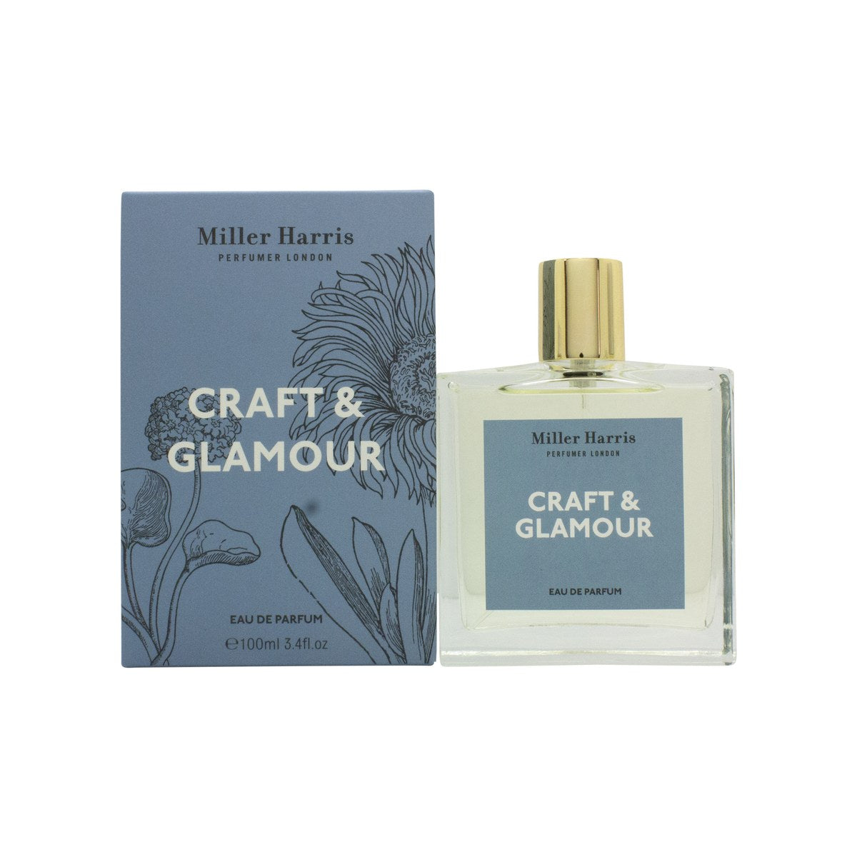 Miller Harris Craft & Glamour Eau de Parfum 100 ml i klar rektangulær glasflakon med gylden hætte og enkel etiket