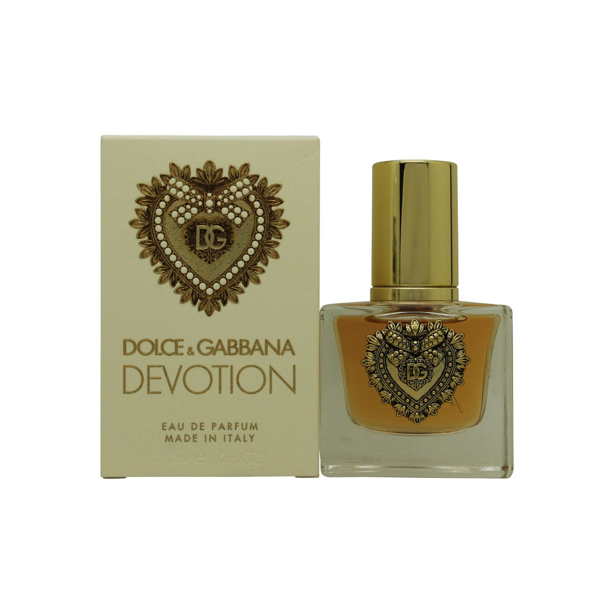 Dolce & Gabbana Devotion Eau de Parfum 30 ml, Dolce & Gabbana – klar glasflakon med gyldent hjerteemblem og guldlåg