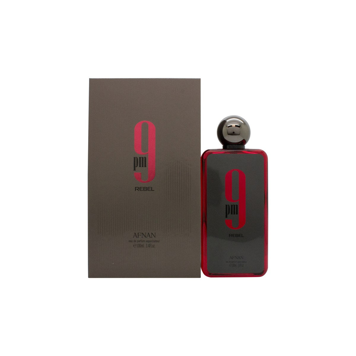 Afnan 9PM Rebel Eau de Parfum 100 ml, mørk blå/lilla flakon med sølvfarvet låg og 9PM Rebel-logo.